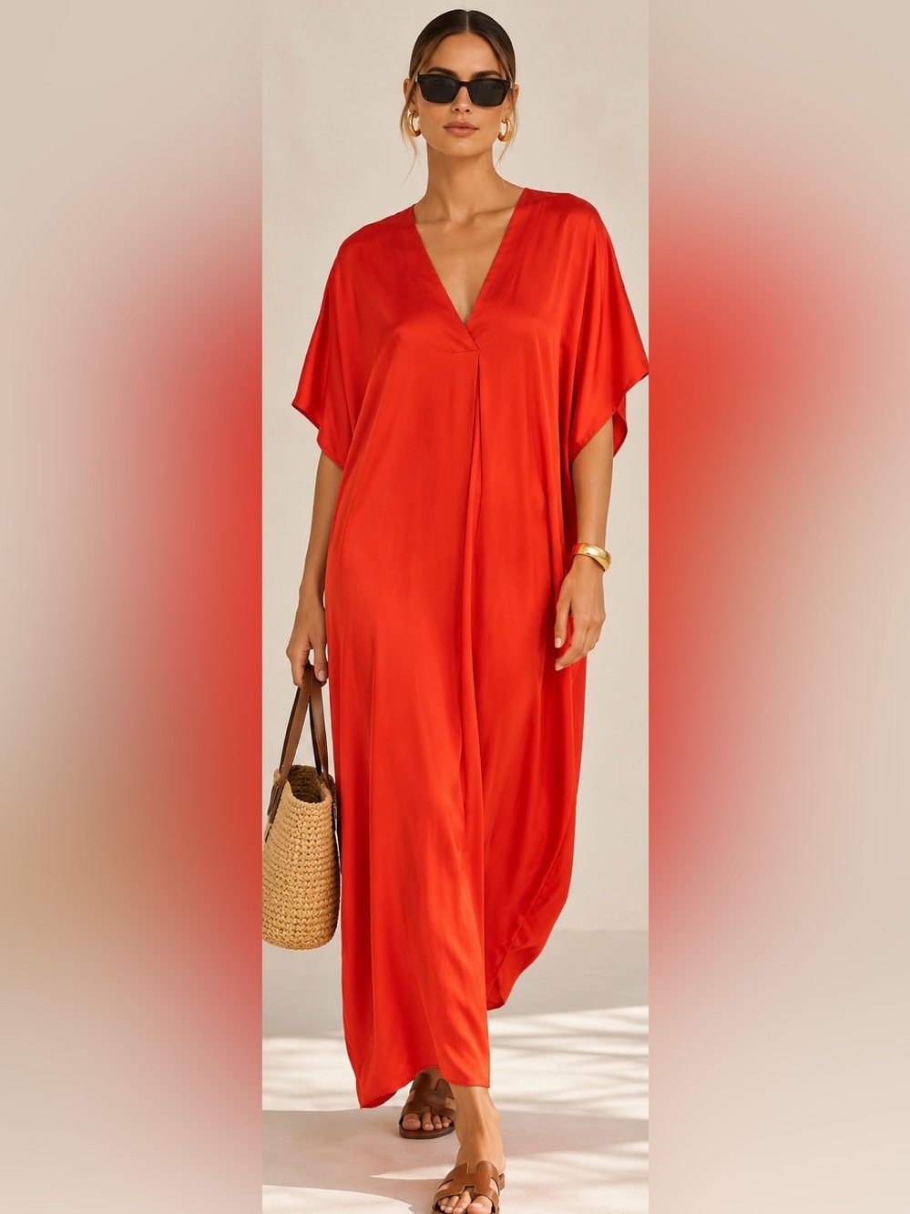 Zara Red Orange Satin Kaftan Maxi Dress Oversized One Size